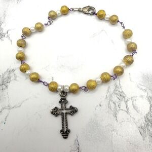 Gold Bead Cross Bracelet 8" Purple Wire Religious Charm Lobster Claw